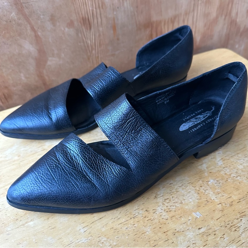 Free People Black Pointed Leather Flats with Cutout Strap